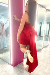 Glitter Fuchsia Homecoming Dresses Beaded Strapless Bodycon Short Cocktail Dresses With Bow