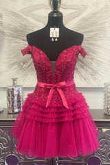 Glitter Fuchsia Homecoming Dresses Tiered A-Line Tulle Corset Short Cocktail Dresses with Lace