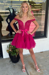 Glitter Fuchsia Homecoming Dresses Tiered A-Line Tulle Corset Short Cocktail Dresses with Lace