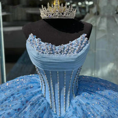Glitter & Glamorous Ball Gown Strapless Fully Beaded Sequins Sky Blue Tulle Quinceanera Dress Princess Birthday Party Gown For Sweet 16