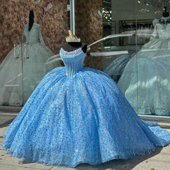 Glitter & Glamorous Ball Gown Strapless Fully Beaded Sequins Sky Blue Tulle Quinceanera Dress Princess Birthday Party Gown For Sweet 16
