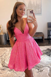Glitter Hot Pink Homecoming Dresses A-Line Short Cocktail Dresses with Pockets