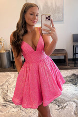 Glitter Hot Pink Homecoming Dresses A-Line Short Cocktail Dresses with Pockets