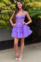 Glitter Lavender Homecoming Dresses Ruffled Short Corset Cocktail Dresses With Sequins