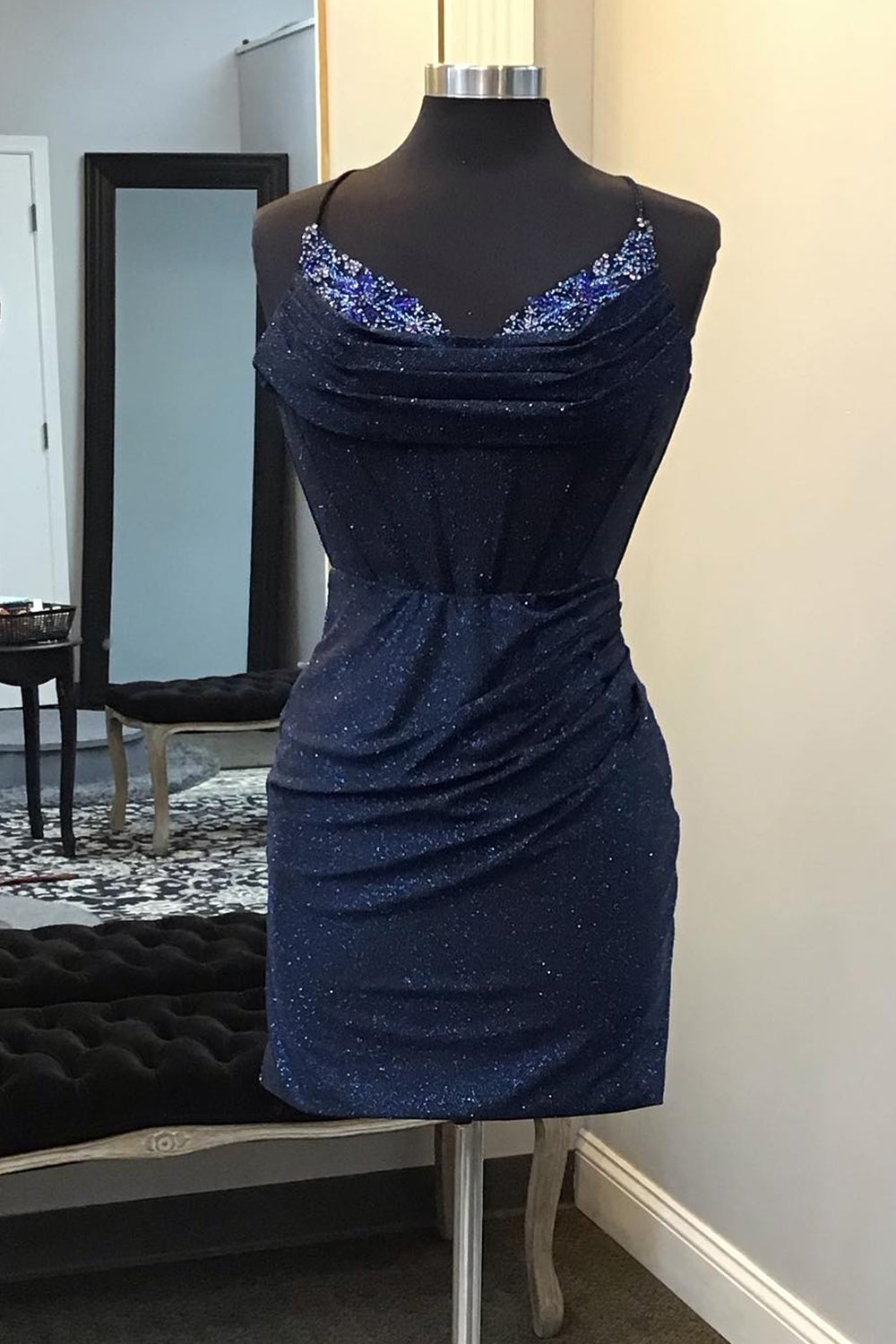 Glitter Navy Homecoming Dresses Beaded Corset Lace-Up Back Tight Short Cocktail Dresses