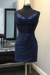 Glitter Navy Homecoming Dresses Beaded Corset Lace-Up Back Tight Short Cocktail Dresses