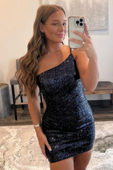 Glitter One Shoulder Tight Black Homecoming Dresses Prom Dress