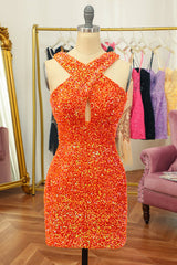 Glitter Orange Homecoming Dresses Halter Backless Sequin Tight Prom Dress