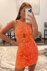Glitter Orange Homecoming Dresses Halter Backless Sequin Tight Prom Dress