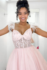 Glitter Pink Homecoming Dresses A-Line Corset Tulle Short Cocktail Dresses with Feathers