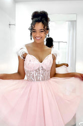 Glitter Pink Homecoming Dresses A-Line Corset Tulle Short Cocktail Dresses with Feathers