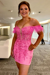 Glitter Pink Homecoming Dresses Corset Lace Tight Short Cocktail Dresses with Feathers