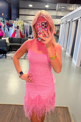 Glitter Pink Homecoming Dresses Sequin Tight Short Cocktail Dresses With Feathers