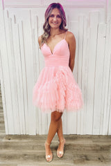 Glitter Pink Homecoming Dresses Tulle A-Line Short Ruffled Prom Dress