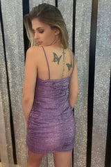 Glitter Purple Homecoming Dresses Ruched Tight Short Cocktail Dresses