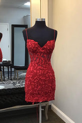 Glitter Red Homecoming Dresses Corset Tight Short Cocktail Dresses with Appliques