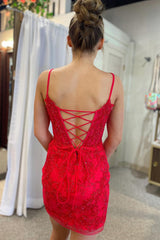 Glitter Red Homecoming Dresses Lace Spaghetti Straps Tight Short Cocktail Dresses