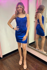 Glitter Royal Blue Homecoming Dresses Corset Spaghetti Straps Tight Short Cocktail Dresses with Lace