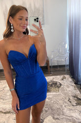 Glitter Royal Blue Homecoming Dresses Corset Sweetheart Tight Short Cocktail Dresses