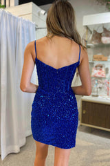 Glitter Royal Blue Homecoming Dresses Corset Tight Short Sequin Prom Dress