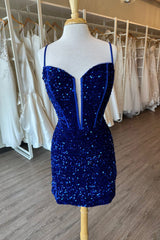 Glitter Royal Blue Homecoming Dresses Corset Tight Short Sequin Prom Dress