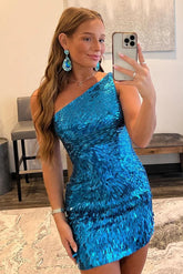 Glitter Royal Blue Homecoming Dresses One Shoulder Sequin Tight Hoco Dress