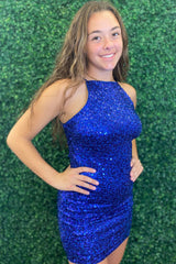 Glitter Royal Blue Homecoming Dresses Spaghetti Straps Sequin Tight Short Cocktail Dresses