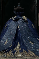 Glitter & Sparkly Ball Gown Off Shoulder Sleeveless Gold Sequins Appliques Lace Up Bown Knot Quinceanera Dress Formal Evening Gown For Sweet 16