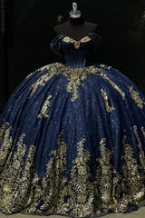 Glitter & Sparkly Ball Gown Off Shoulder Sleeveless Gold Sequins Appliques Lace Up Bown Knot Quinceanera Dress Formal Evening Gown For Sweet 16