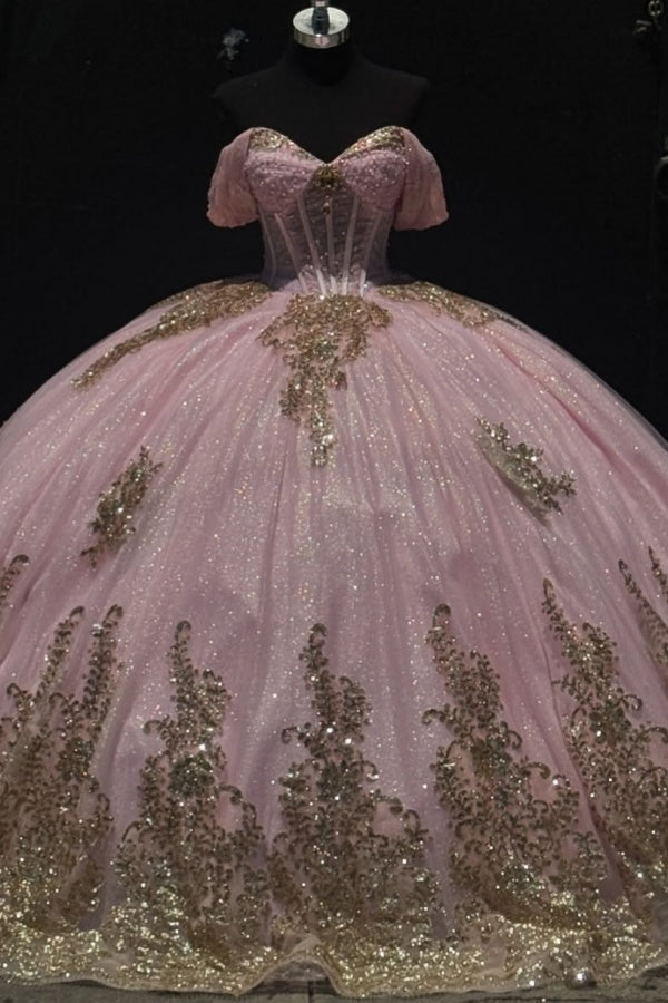 Glitter & Sparkly Ball Gown Sweetheart Neck Off Shoulder Beaded Gold Sequins Appliques Lace Up Pink Tulle Quinceanera Dress Birthday Party Gown For Glitter & Sparkly Ball Gown Sweetheart Neck Off Shoulder Beaded Gold Sequins Appliques Lace Up Pink Tulle Quinceanera Dress Birthday Party Gown For