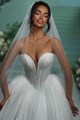 Glitter Tulle Wedding Dress Sweetheart Ball Gown Beaded Bridal Gown