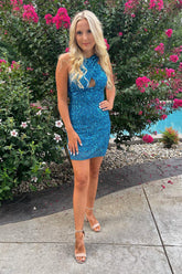 Glitter Turquoise Homecoming Dresses Halter Backless Sequin Tight Prom Dress