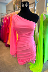 Glitter Turquoise Homecoming Dresses One Shoulder Tight Short Cocktail Dresses with Sleeves