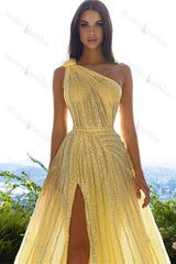 Glittering One Shoulder Daffodil Sequins Evening Prom Dresses Slit Long On Sale