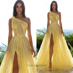 Glittering One Shoulder Daffodil Sequins Evening Prom Dresses Slit Long On Sale