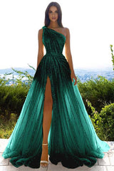 Glittering One Shoulder Daffodil Sequins Evening Prom Dresses Slit Long On Sale