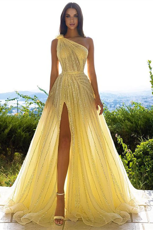 Glittering One Shoulder Daffodil Sequins Evening Prom Dresses Slit Long On Sale