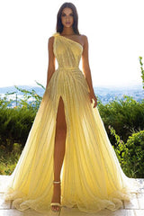 Glittering One Shoulder Daffodil Sequins Evening Prom Dresses Slit Long On Sale