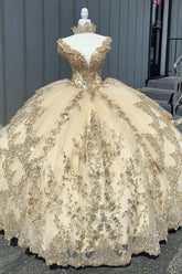 Goegeous Ball Gown Off Shoulder Lace Appliques Beaded Tiered Champagne Tulle Princess Quinceanera Dress Birthday Party Gown For Sweet 16