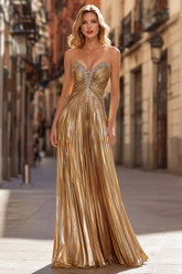 Gold A Line Prom Dress Beaded Sweetheart Pleated Long Formal Gown