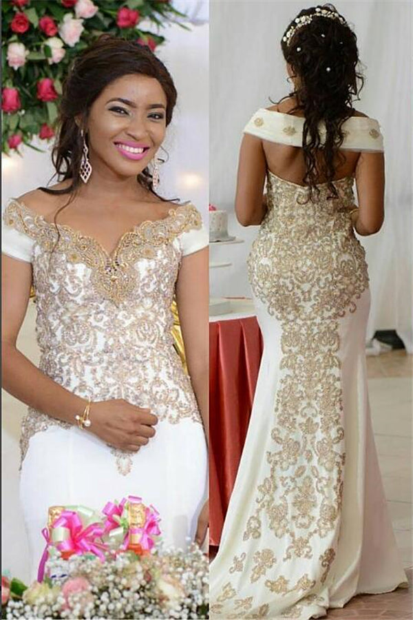 Gold Beads Appliques Mermaid Wedding Dresses | Off The Shoulder Backless Bridal Gowns | Suzhoufashion Gold Beads Appliques Mermaid Wedding Dresses | Off The Shoulder Backless Bridal Gowns | Suzhoufashion
