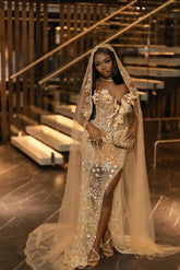 Gold Mermaid Prom Dress Beaded Sweetheart Tulle Formal Evening Dress with Slit and 3D Flowers