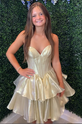 Gold Organza Homecoming Dresses Tiered Ruffled Short Corset Cocktail Dresses