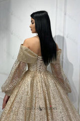 Gold Prom Dress A Line Off The Shoulder Sequined Formal Dress With Sleeves