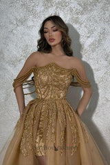 Gold Prom Dress A Line Strapless Sleeveless Beaded Detachable Panel Train Tulle Formal Dress