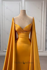 Gold Prom Dress Column V Neck Cap Sleeves Beaded Sweep Train Satin Formal Dress