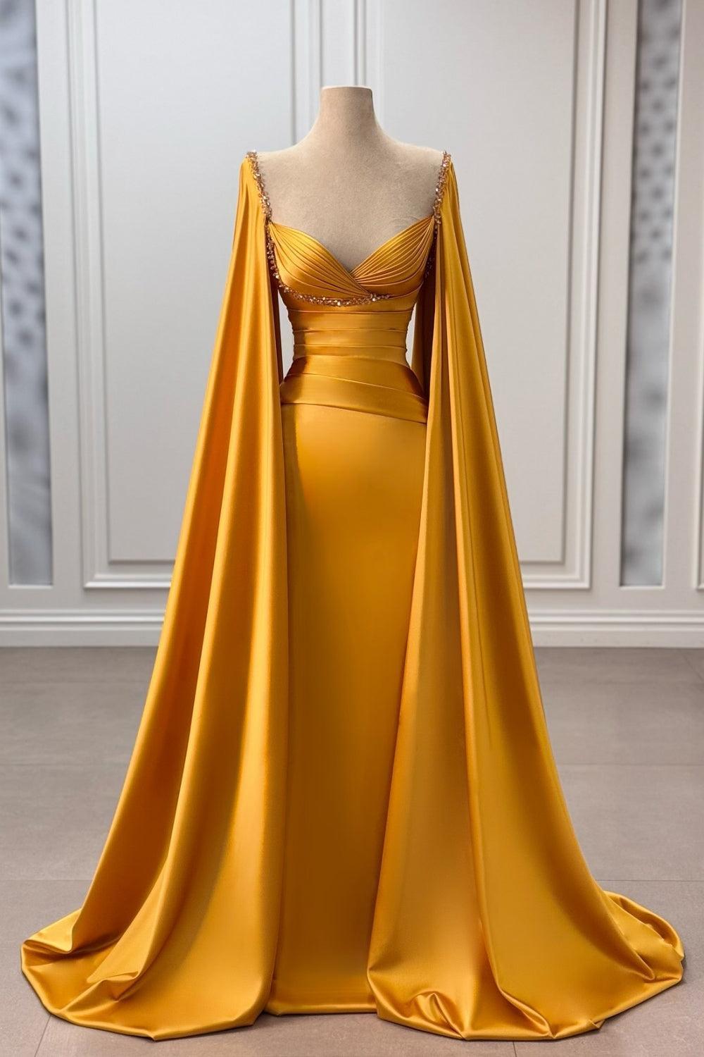 Gold Prom Dress Column V Neck Cap Sleeves Beaded Sweep Train Satin For suzhoufashion Gold Prom Dress Column V Neck Cap Sleeves Beaded Sweep Train Satin For suzhoufashion