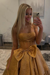 Gold Prom Dress Corset Ruffled Long Formal Dress With Bow