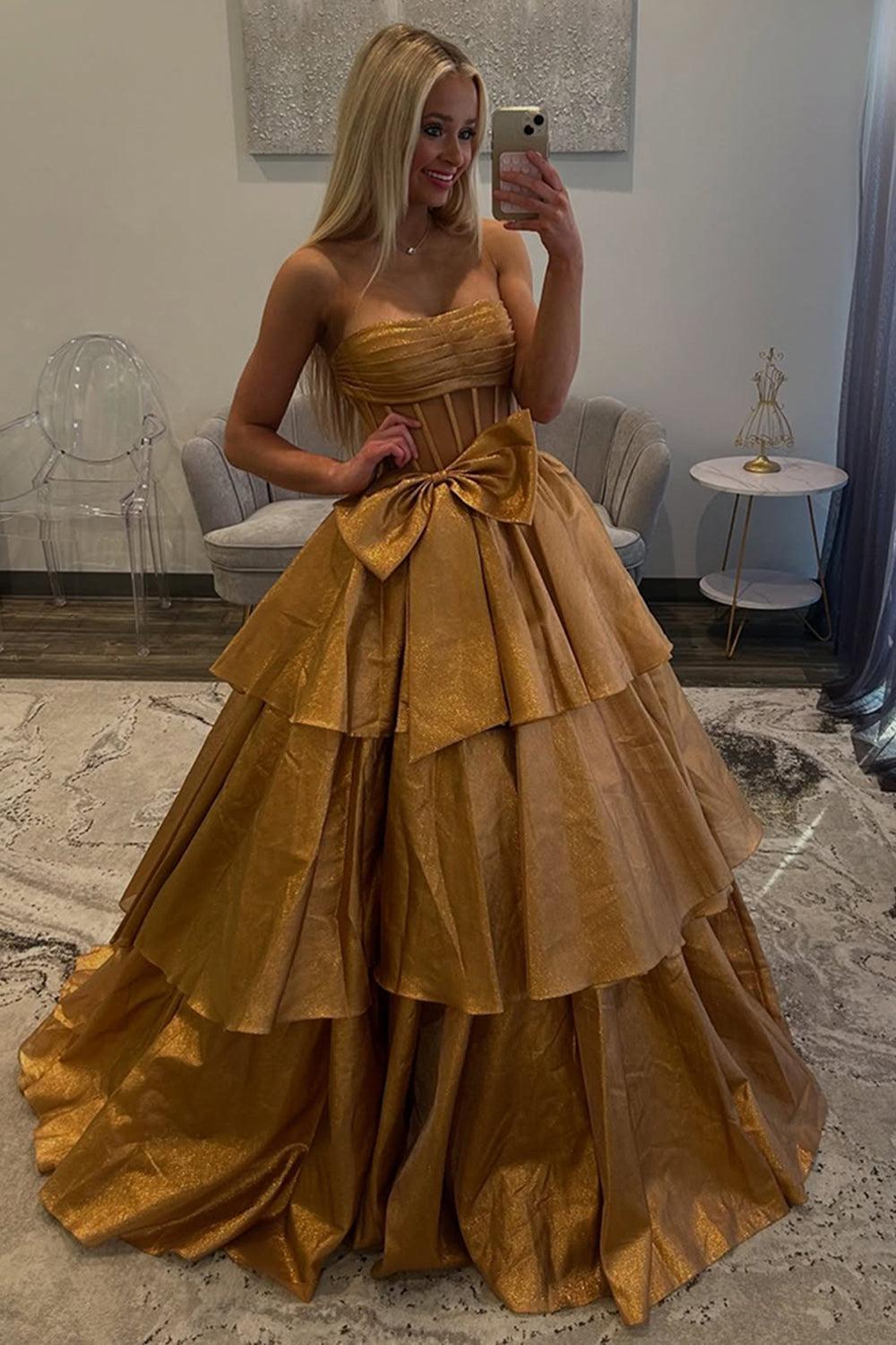 Suzhoufashion Gold Prom Dress Corset Ruffled Long Formal Dress With Bow suzhoufashion Suzhoufashion Gold Prom Dress Corset Ruffled Long Formal Dress With Bow suzhoufashion