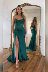 Gold Prom Dress Mermaid Corset Beaded Long Formal Dress With Slit